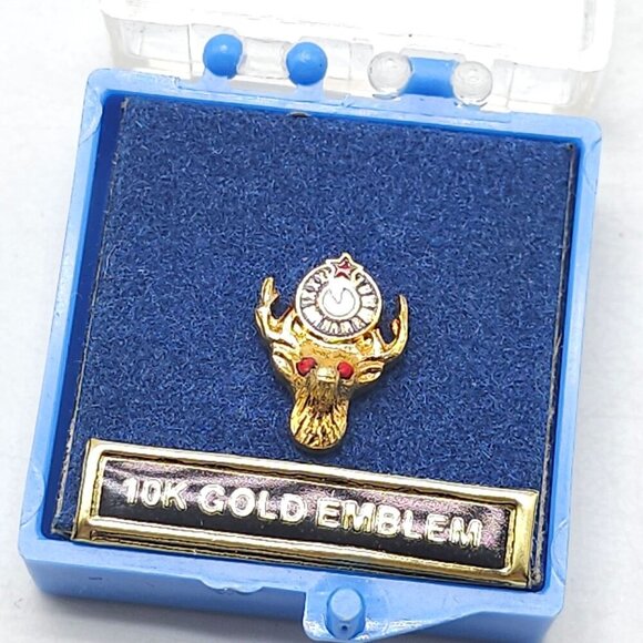 10K Gold Elks Lodge Emblem Lapel Pin With Red Gem Eyes In Box - Picture 1 of 6